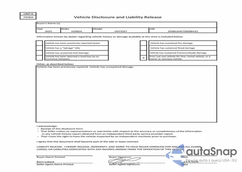 2025 Honda Odyssey Exl из США, поврежденный, VIN 5FNRL6H67SB088432